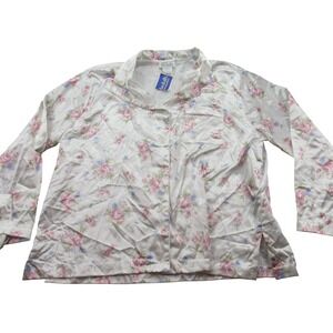 Character Womens XL Pajama Top Shirt White Pink Blue Floral Satin Button Down